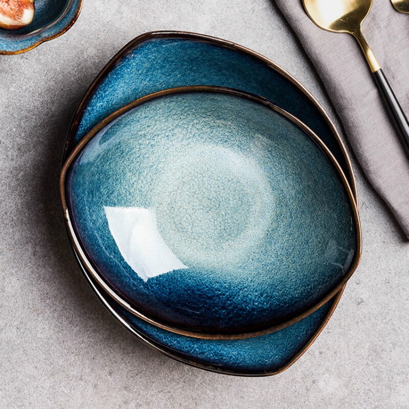 Olho azul Forno Placa de Gelo Rachadura Esmalte Louça Cerâmica Prato Louça de Porcelana Jogo de Jantar Tigela De Sopa De Macarrão Tigela Tigela de Arroz