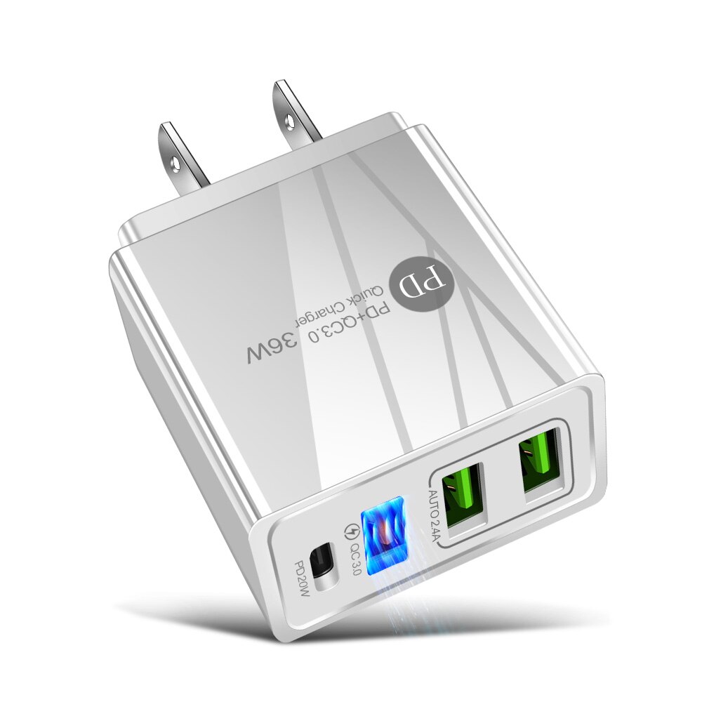 QC 3.0 USB Charger PD Fast Charge Mobile Phone Charger for iPhone 12 EU/US Plug 12V Adapter 36W Fast Wall Portable Charger: US-white