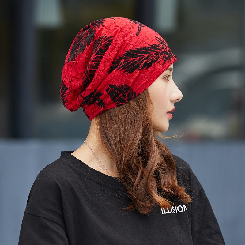 Etnisk stil kvinder strikket hat hættehætte bomuld koreansk stil enkel blonder blomster skullies beanies: Rød