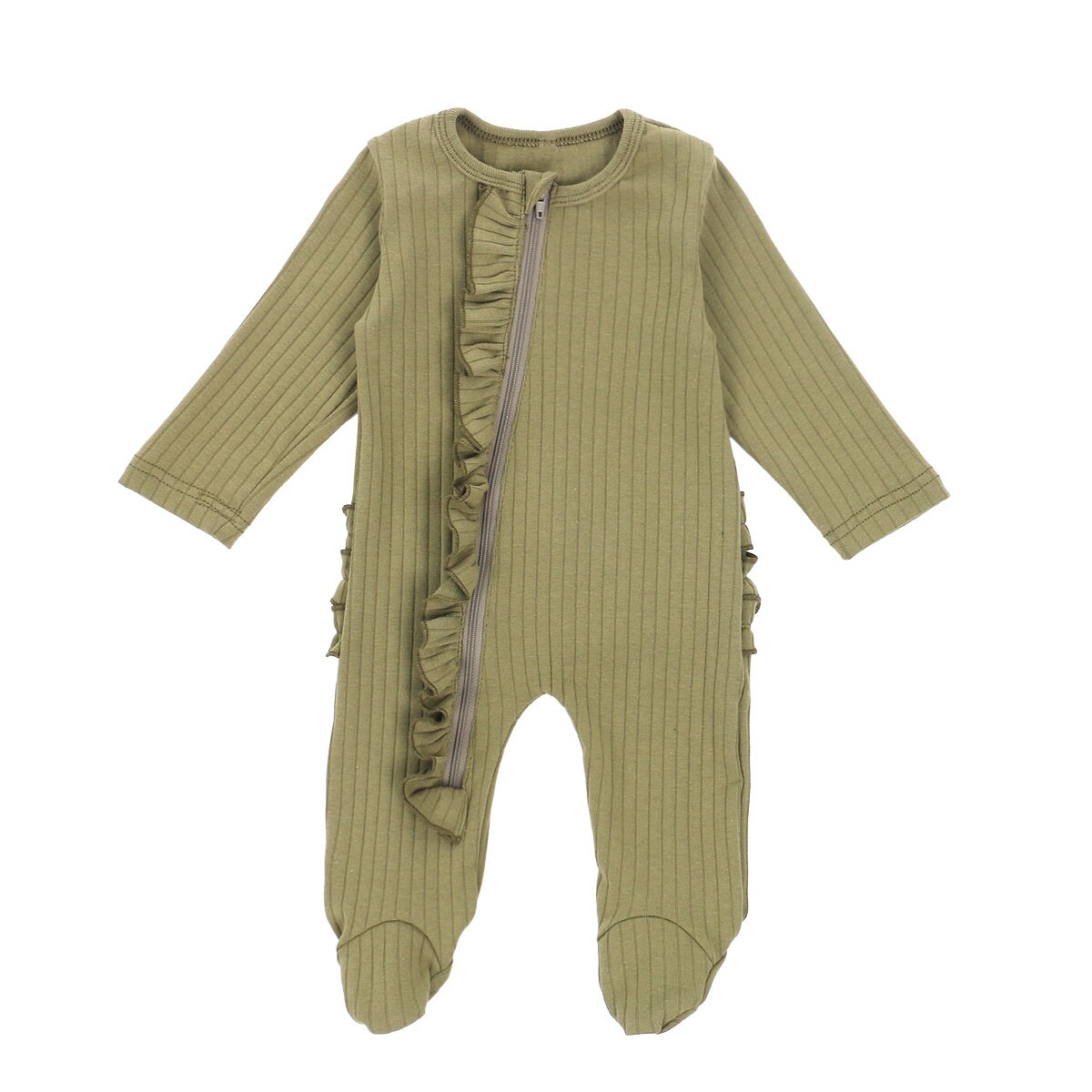 Pasgeboren Baby Baby Romper Nachtkleding Ruffle Solid Lange Mouwen Knited Jumpsuit Footed Baby Kleding Herfst Winter: Army Green / 3M