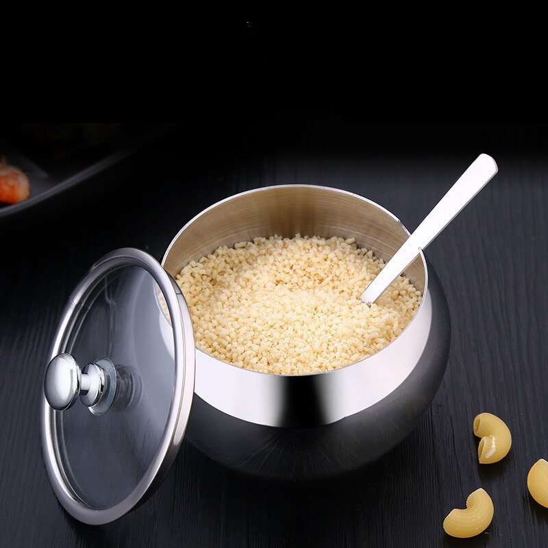 Kitchen Stainless Steel Sugar Bowl With Lid And Spoon Portable Sugar Box Container Cooking Seasoning Jar Storage Bottle WY72009