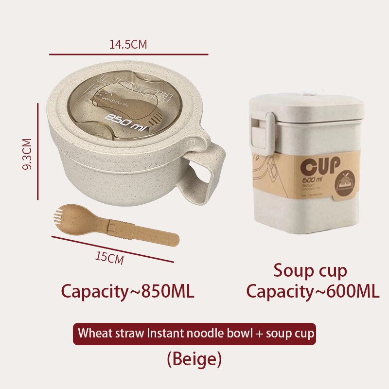 Vetehalm mikrovågsugn snabbnudelskål med lock sovsal japansk stil kontorsarbetare student ramen skål handtag servisset: 2- beige set 850ml