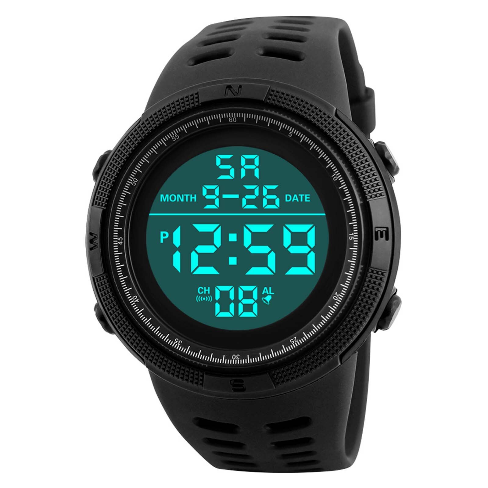 Sports Watches 50M Waterproof LED Digital Watch for Men Resin Dial PU Strap Clock Relogio Masculino Digital Watch: Black