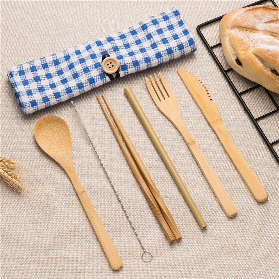 Hout Bestek Servies Vork Lepel Mes Tandenborstel Eetstokjes met Bestek Zak Draagbare Bestek Reizen Bestek Set: 6pA