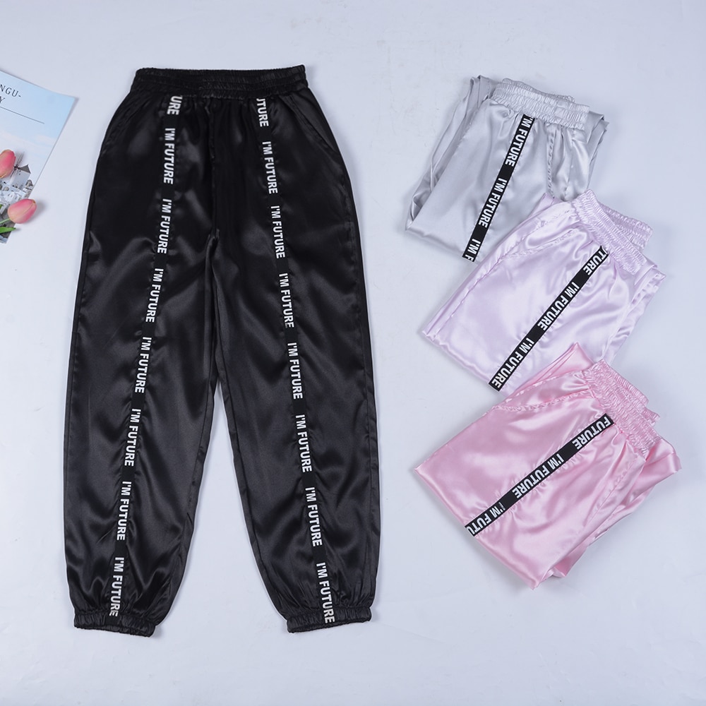 Sfit été grande poche Satin surligner sarouel femme brillant Sport ruban pantalon BF Harajuku Joggers pantalon de Sport femme