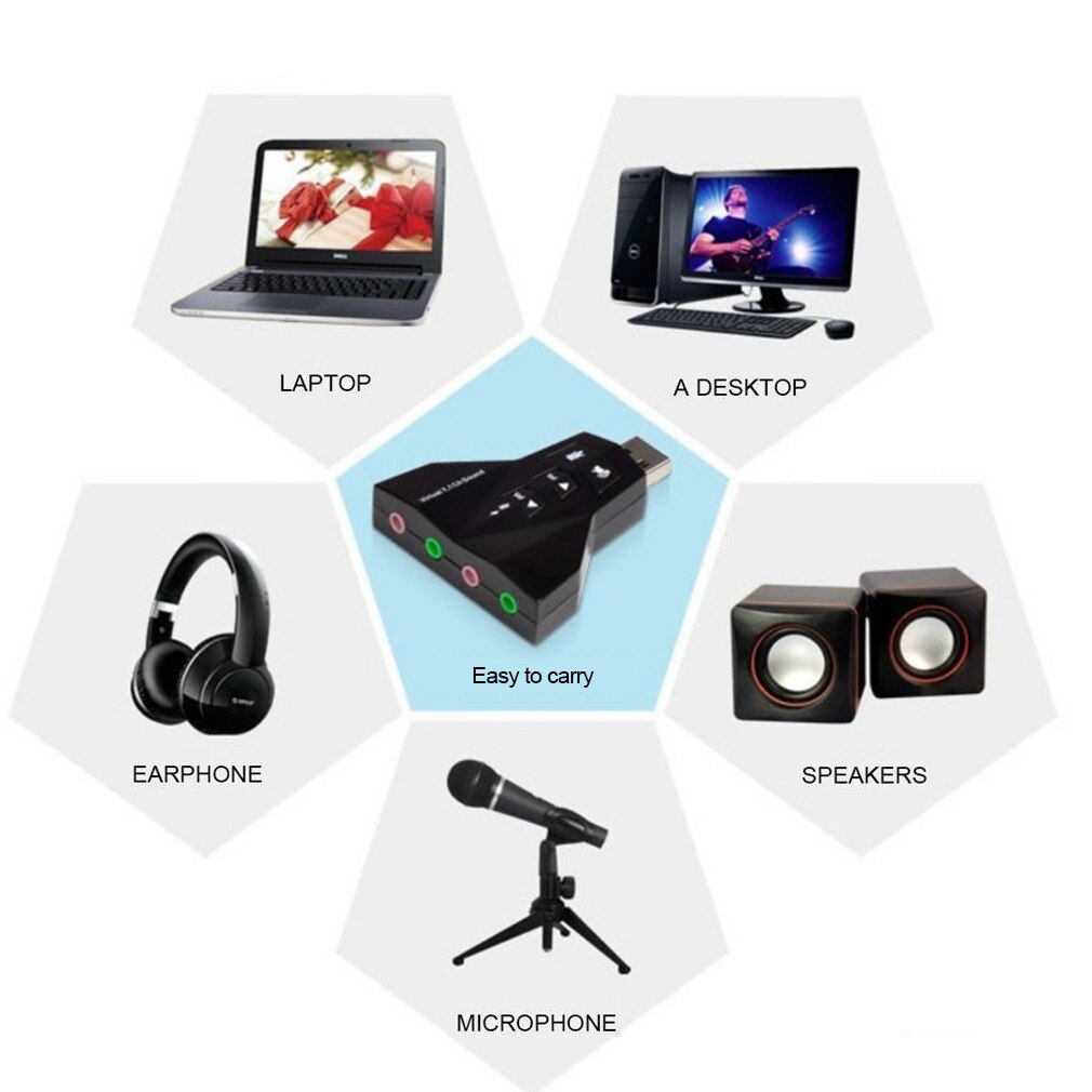 Virtual 7.1 Channel Audio Sound Card Adapter For Laptop PC Mic 3.5mm Interfaces USB Mic Speaker Adapter Simple Use
