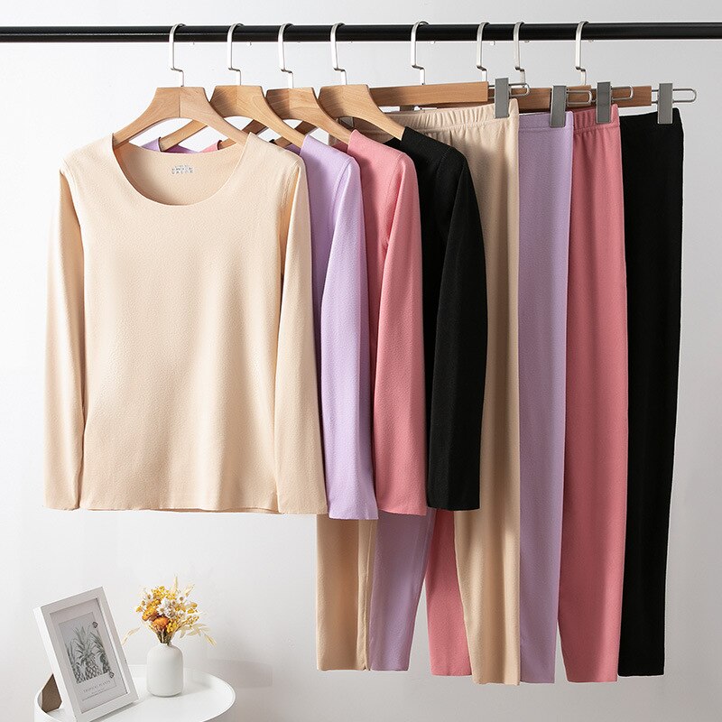 Ropa interior térmica de terciopelo para mujer, conjunto de Calzoncillos largos sin costuras, cálida, de segunda piel, con cuello redondo