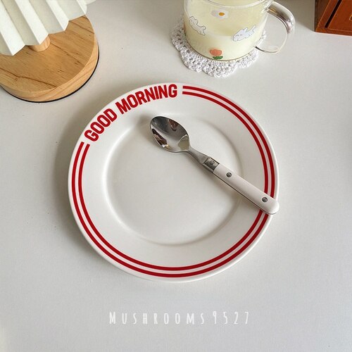 Good Morning! Korean Coffee Shop Retro Girl Heart English Alphabet Simple Ceramic Breakfast Plate Household Dish Dessert Plate: Red