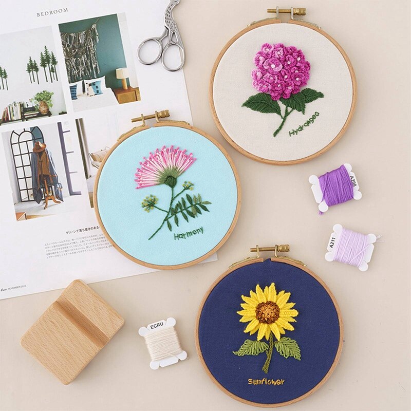 Beginner Diy Stamped Borduurwerk Starter Kit Kleurrijke Bloemen Planten Patroon Borduren Doek Threads Gereedschap Kit