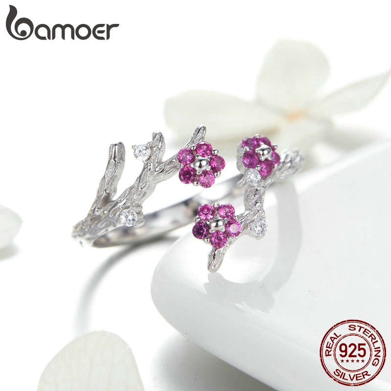 BAMOER 100% 925 Sterling Silver Winter Blooming Plum Flower Open Size Rings for Women Wedding Engagement Jewelry BSR022