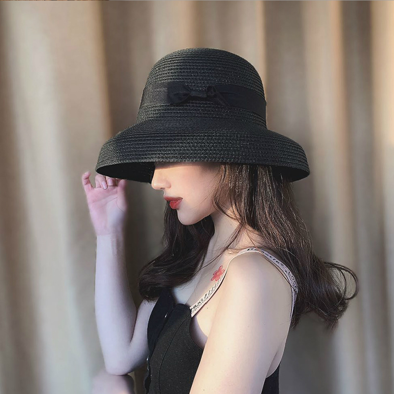Hepburn Style Sun Hats Bucket Cap For Women Summer Straw Hat Big bow Female Beach Hat Panama Hats Chapeu Feminino