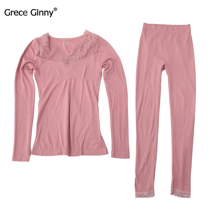 Høst og vinter dame frotté sett blondere side v-hals slank tynn termisk undertøy høst klær