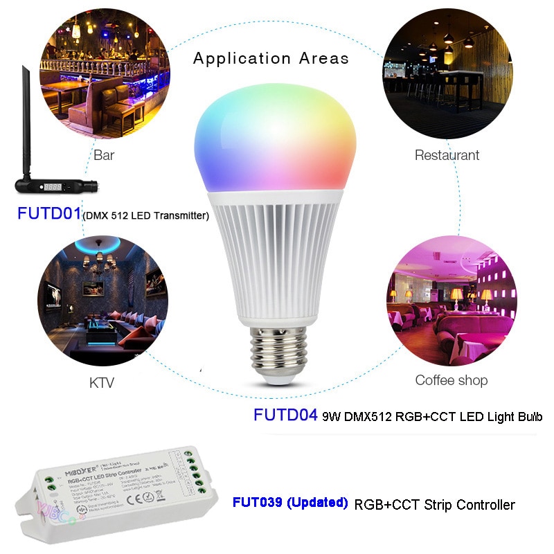MiBOXER 9W E27 DMX512 RGB+CCT LED Light Bulb Lamp,DMX 512 LED Transmitter,DMX512 RGB+CCT Strip Controller,FUTD01/FUTD04/FUT039