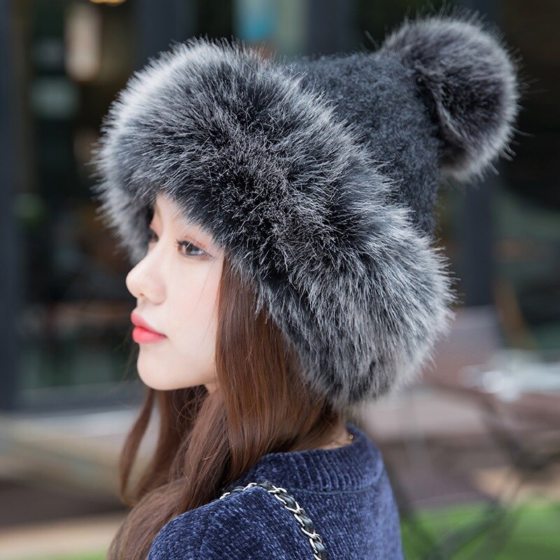 Stylish Women Fluffy Hat Knitted Beanies Winter Ski Hats Weaving Mongolia Cap for Outdoor ENA88: Black