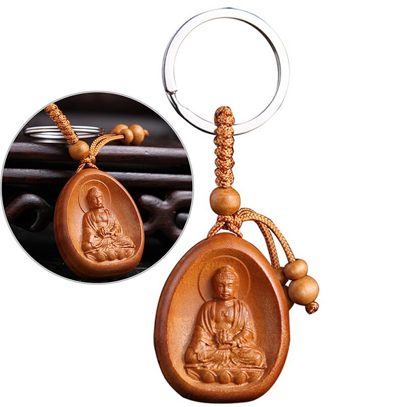 For Car Bag keyring Lucky Jewelry Peach Wood Carving buckle Buddha Pendant Keychain