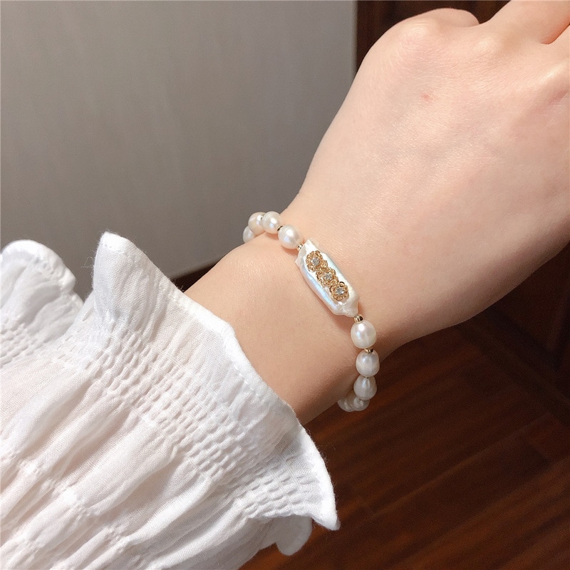 Dijes pulsera de perlas de agua dulce temperamento largo barroco pulsera mano cuerda joyería cuentas pulsera para mujeres pulseras mujer