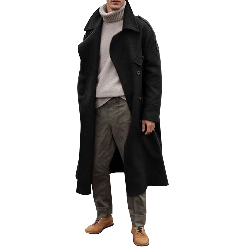 Khaki Trench Coat Men Classic Autumn Winter Long Jacket Men Casual Loose Long Coat Trench Male Overcoat Streetwear Coat: Black / XXL