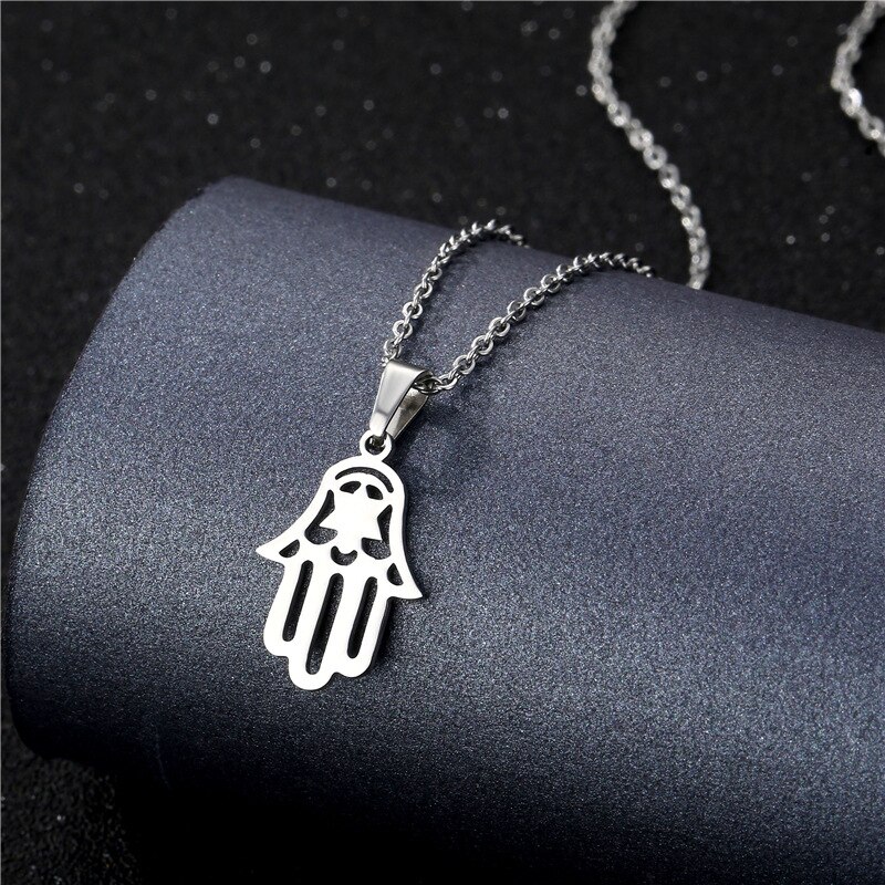 Stainless Steel Hollow Hamsa Hand Pendant Necklace Silver Color Clavicle Chain Turkish Evil Eye Luck Jewelry: Style 4