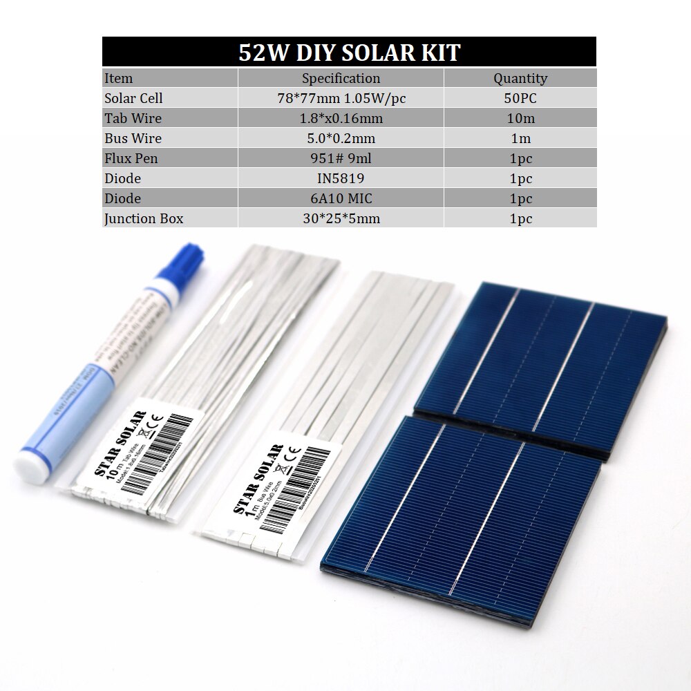 DIY Solar Panel 20 25 30 40 50 Watt 26 39 52 78 156 mm Charger Kit Polycrystall Solar Cell Tabbing Wire Busbar Flux Pen: P-DIY-7877