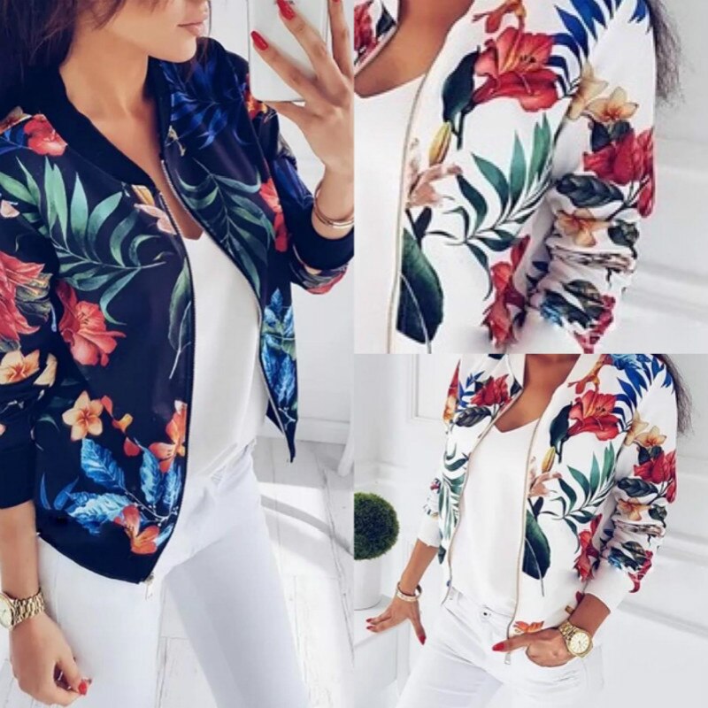 Plus Size Autumn Women'S Jackets Retro Floral Zipper Printed Coat Female Long Sleeve Short Jacket Print Tops S-XXL