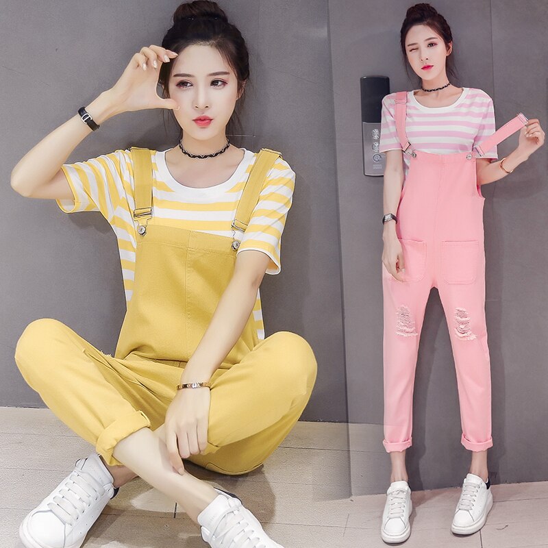 Forår og sommer koreansk atyle denim overalls til gravide kvinder pink/gul gravid bomuldsbukser med lommer