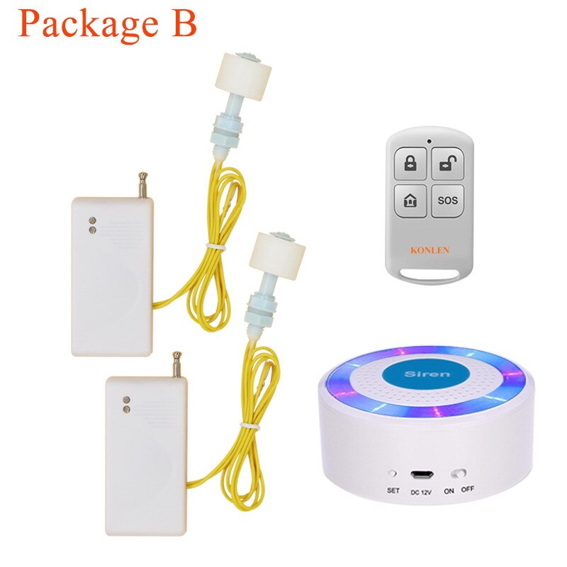 KONLEN Wireless Water Sensor Detector Siren Remote Control Bathroom Overflow Leakage Detection Strobe Siren Alarm System: Package 2