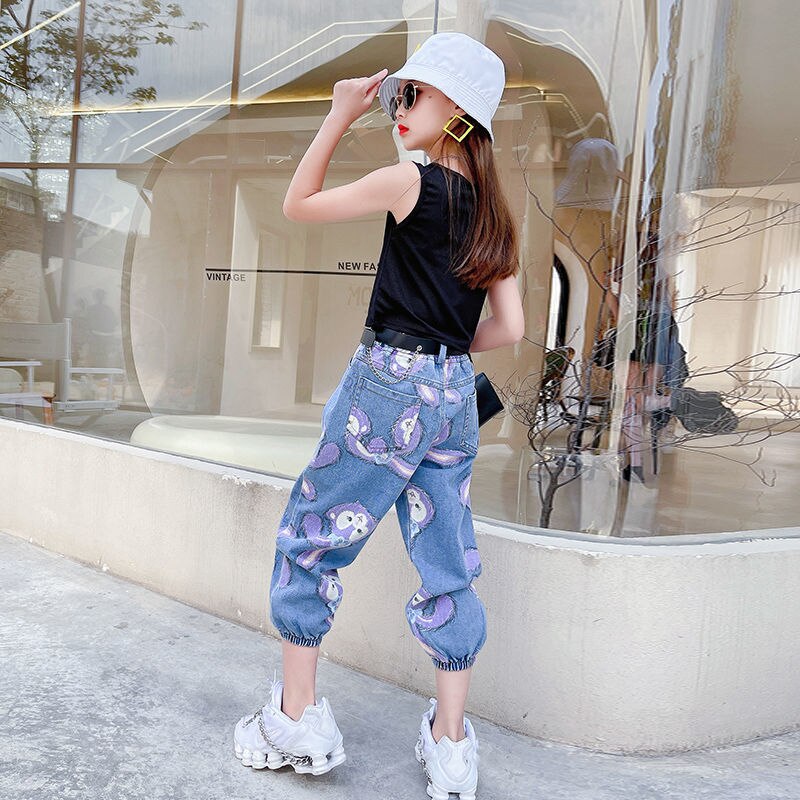 Teenage Girls Cartoon Jeans Children Elastic Waist Denim Pants Kids Girls Trousers jeans Clothes 6 8 10 12 14