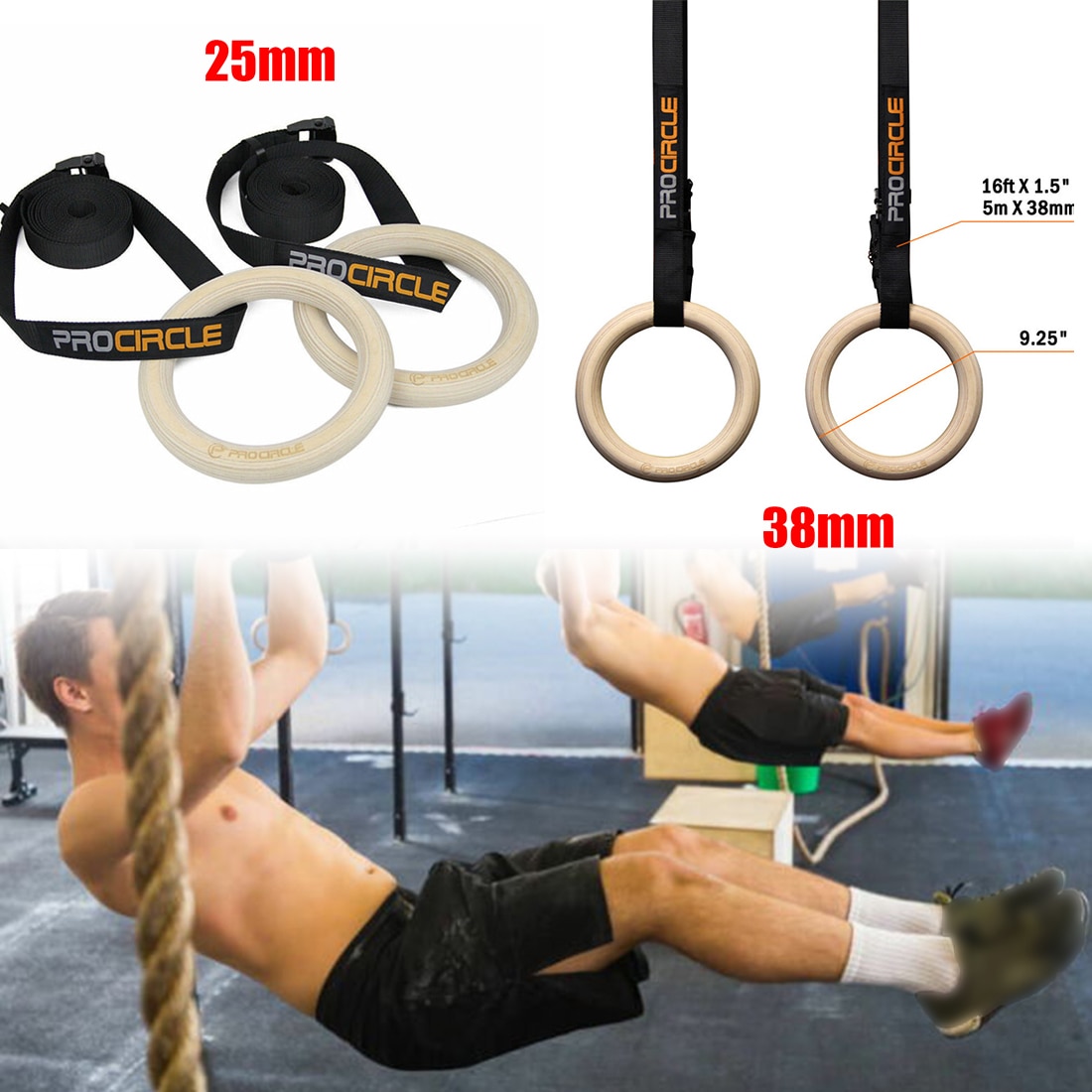 1 par de anillo de gimnasia de madera pura Procircle, anillo de entrenamiento de fuerza olímpica, anillo de cincha colgante para gimnasio y Fitness