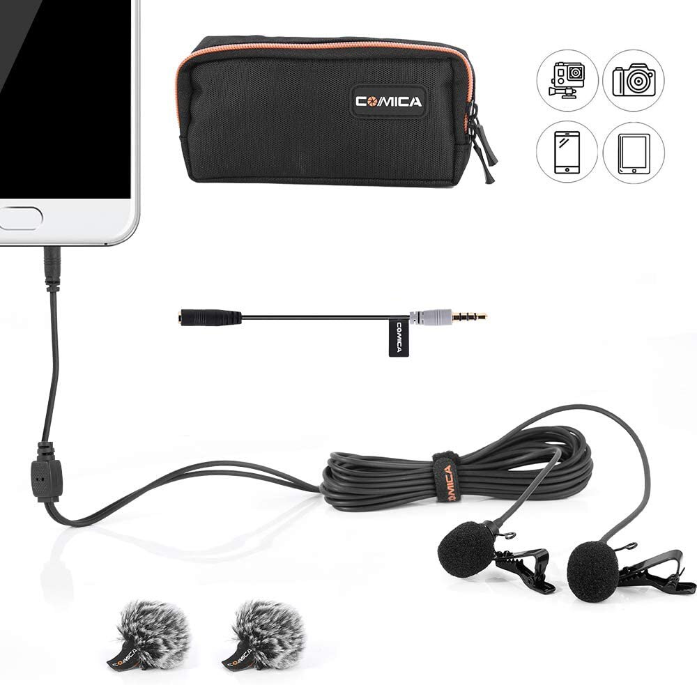 Comica CVM-D02 Dual-Head Lavalier Microfoon Clip-On Mini Omnidirectionele Condensator Microfoon Interview Microfoon Voor Iphone Camera