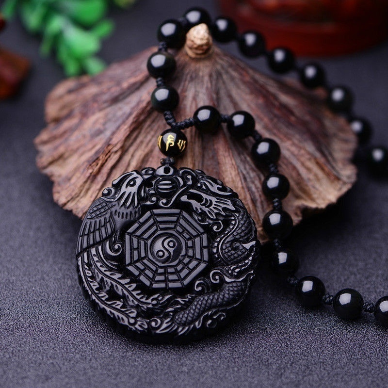 Natural Black Obsidian Dragon Phoenix Pendant Beads Necklace Charm Jewellery Hand-Carved Amulet for Her Women Men