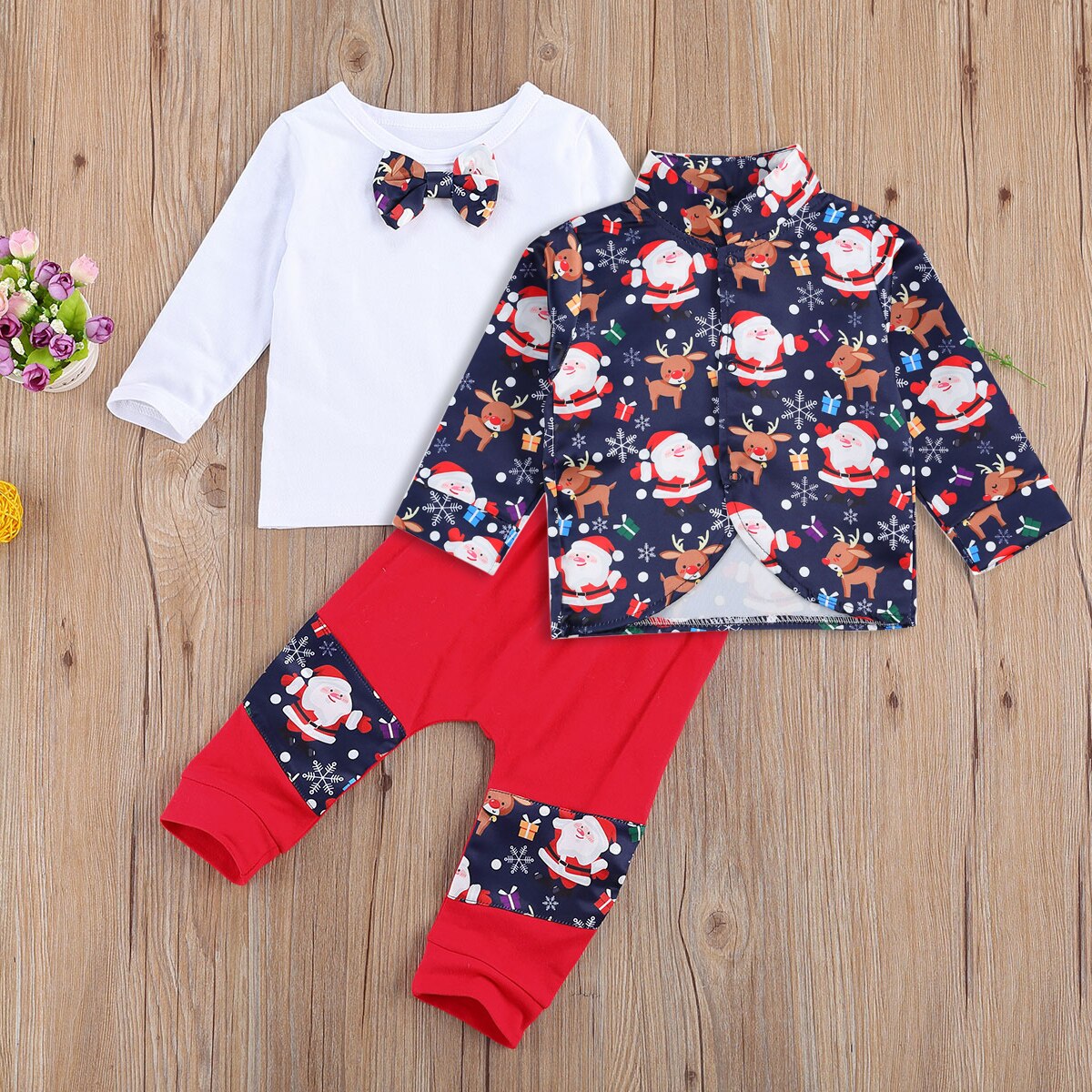 Baby Kds Baby Jongens Kerst Kleding Set Kerstman Elanden Print Jassen Lange Mouw Strik Overhemd Patchwork Broek 3 stuks Outfits