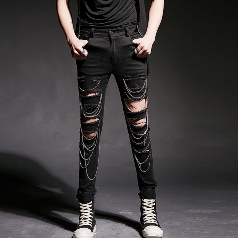 Mode Heren Punk Gat Broek Koreaanse Slim Fit Potlood Broek Casual Heren Kettingen Hip Hop Street Dance broek M-2XL: L