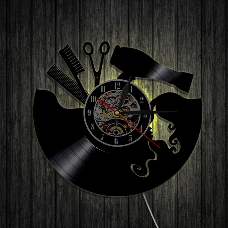 Reloj de pared con disco de vinilo para peluquería, dispositivo LED 3D de moderno para decoración del hogar, barbería y salón de belleza: B-With LED Light