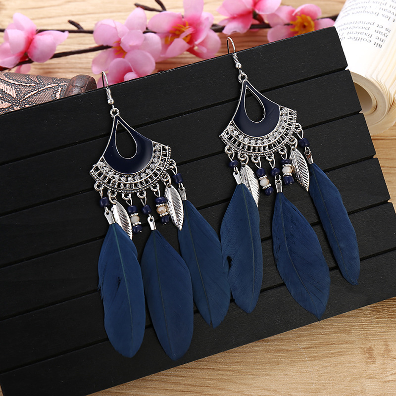 2020 artystyczny z piórkiem Kolczyki Tassel Ohrringe srebrny kolorowy ze stopu Vintage kreatywne Kolczyki Boho Indian biżuteria Kolczyki