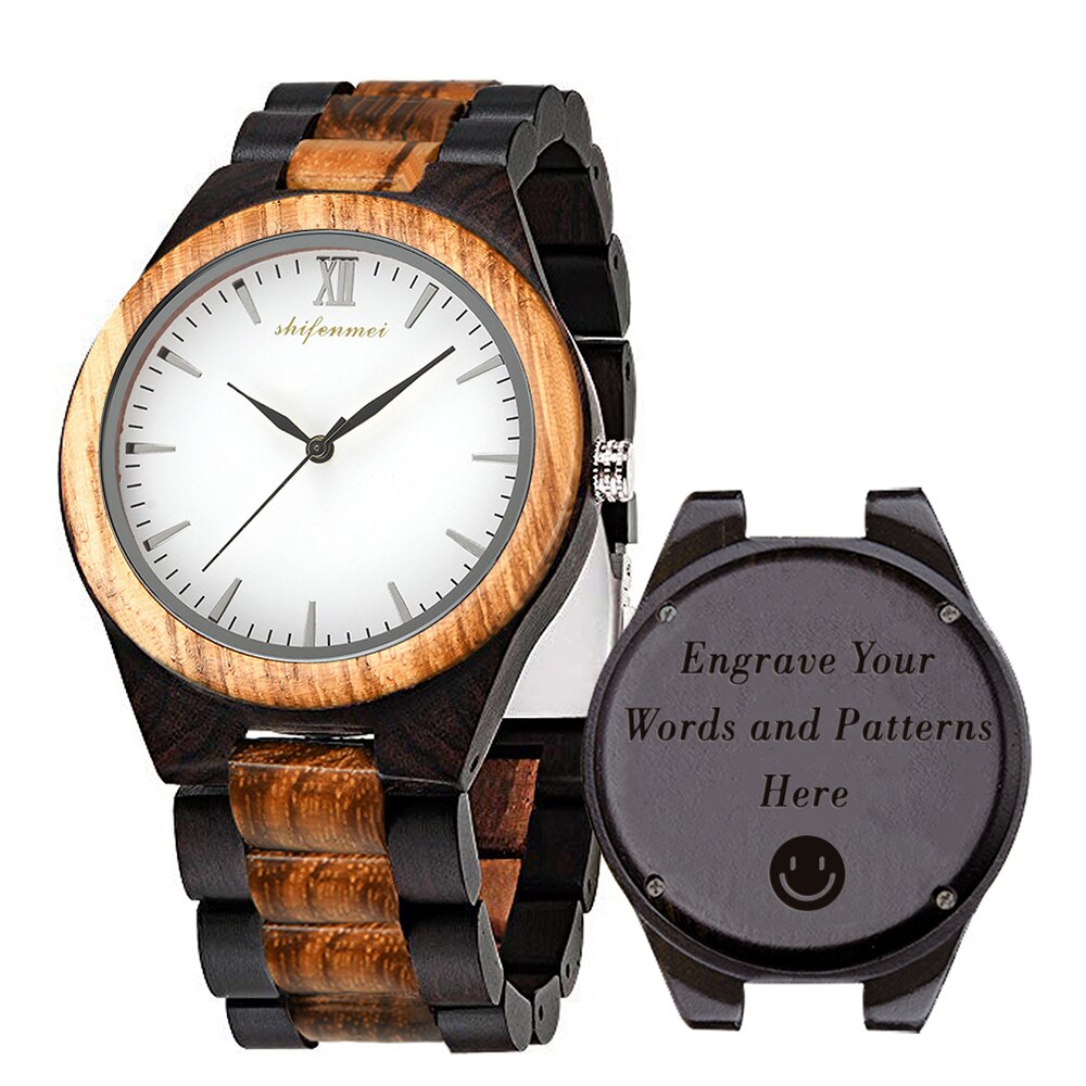 Shifenmei Holz Uhren Herren Gravur Männer Sport Uhren Quarz Armbanduhr Brauch Holz Uhr Relogio Masculino: Brauch Geschenke