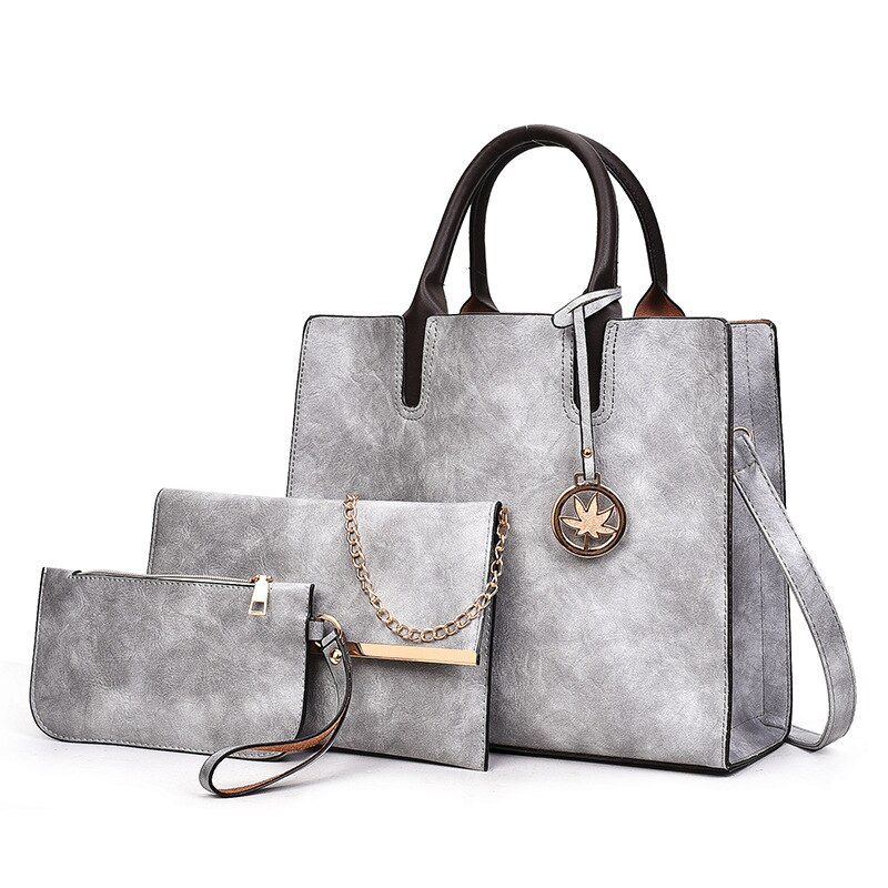 3PCS Women&#39;s Bag Set PU Leather Ladies Handbag Solid Color Messenger Shoulder Bag Wallet Bags For Women: gray