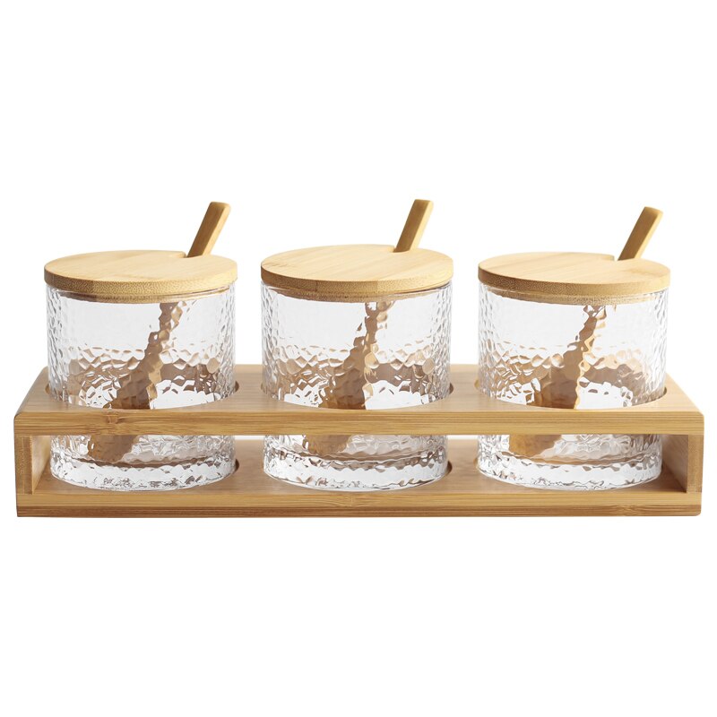 Japanese glass wood lid seasoning pot three piece seasoning box set sauce bottles sugar salt chili cans caster wooden shelf