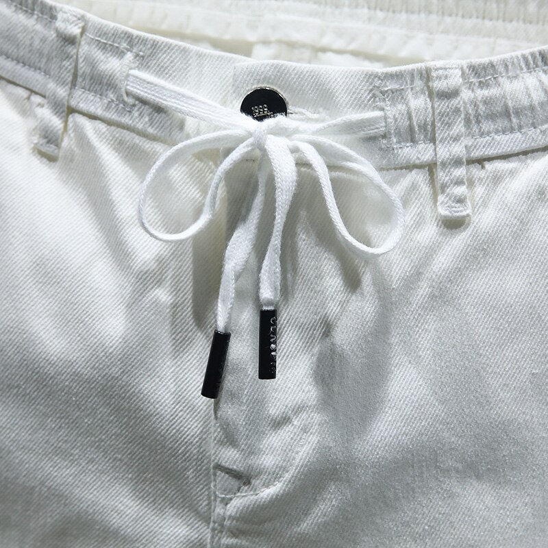 Sommer mænds hvide denim shorts elastisk talje stor lomme lige stretch korte jeans mandlige mærke tøj