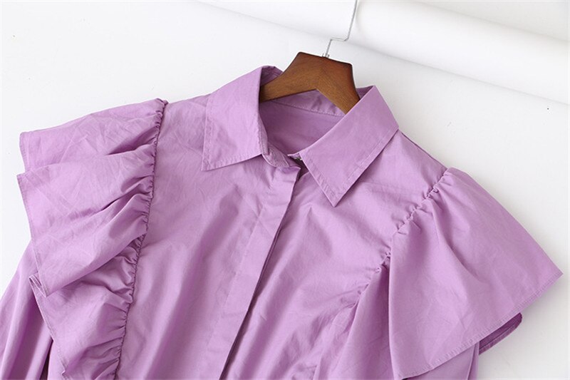 Hsa kvinner sommer poplin bluser langermet turn-dowm krage skjorte topper ensfarget knapp elegant volang bluse