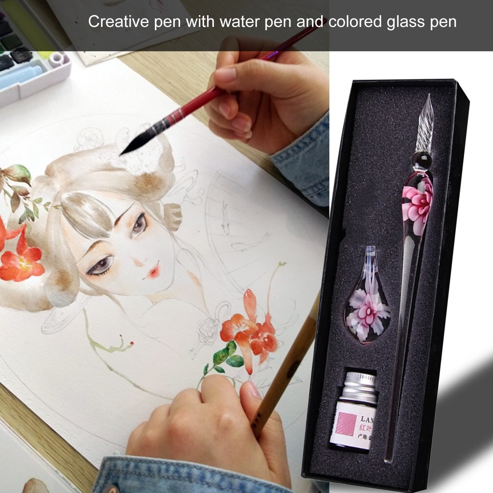 Glass Dip Crystal Pen Signature Ink Inside Flower for Writing Art Decoration Transparent Fountain Pen Gold Pastel Ink Signature