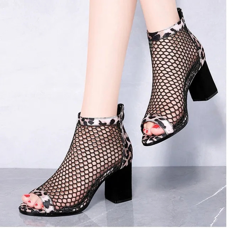 Botines de rejilla con estampado de leopardo para mujer, zapatos sexys de tacón medio, color negro, para verano