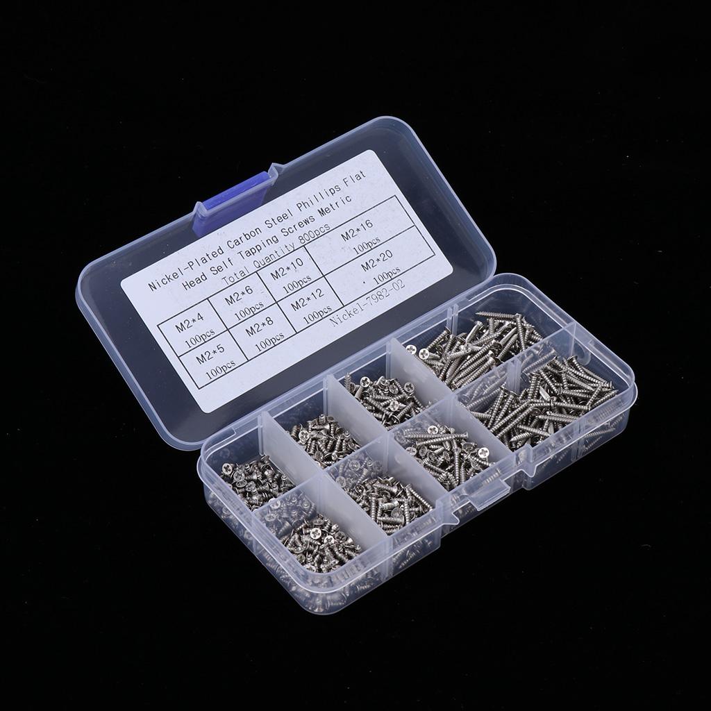 800pcs M2(2mm) Nickel Carbon Steel Phillips Pan Head Self Tapping Screws Kit