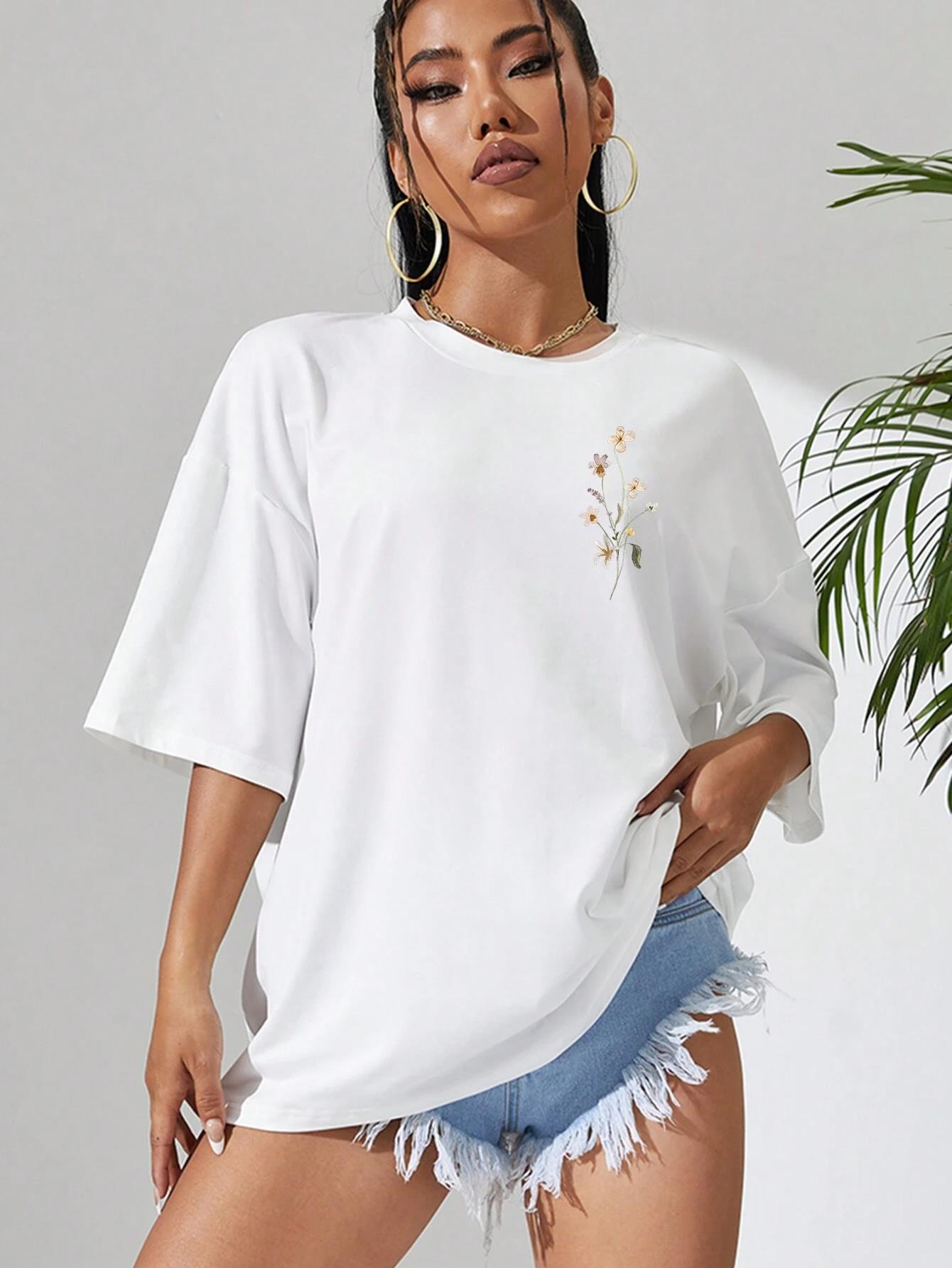 Lindas clusters de flores estampadas de algodão camisetas femininas casuais respiráveis macias manga curta tops soltos e confortáveis roupas de rua