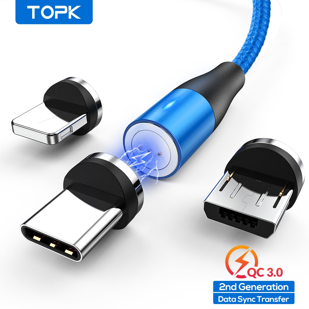Topk AM60 3A Snel Opladen Led Magnetische Micro Usb Type C Kabel Voor Iphone Xs Max 8 7 6 Telefoon kabels