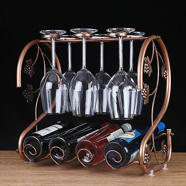 Wine Rack Stand Drinking Glasses Hanging Bronze Iron Multi-Function Stemware Shelf Bottle & Glass Cup Holder Display