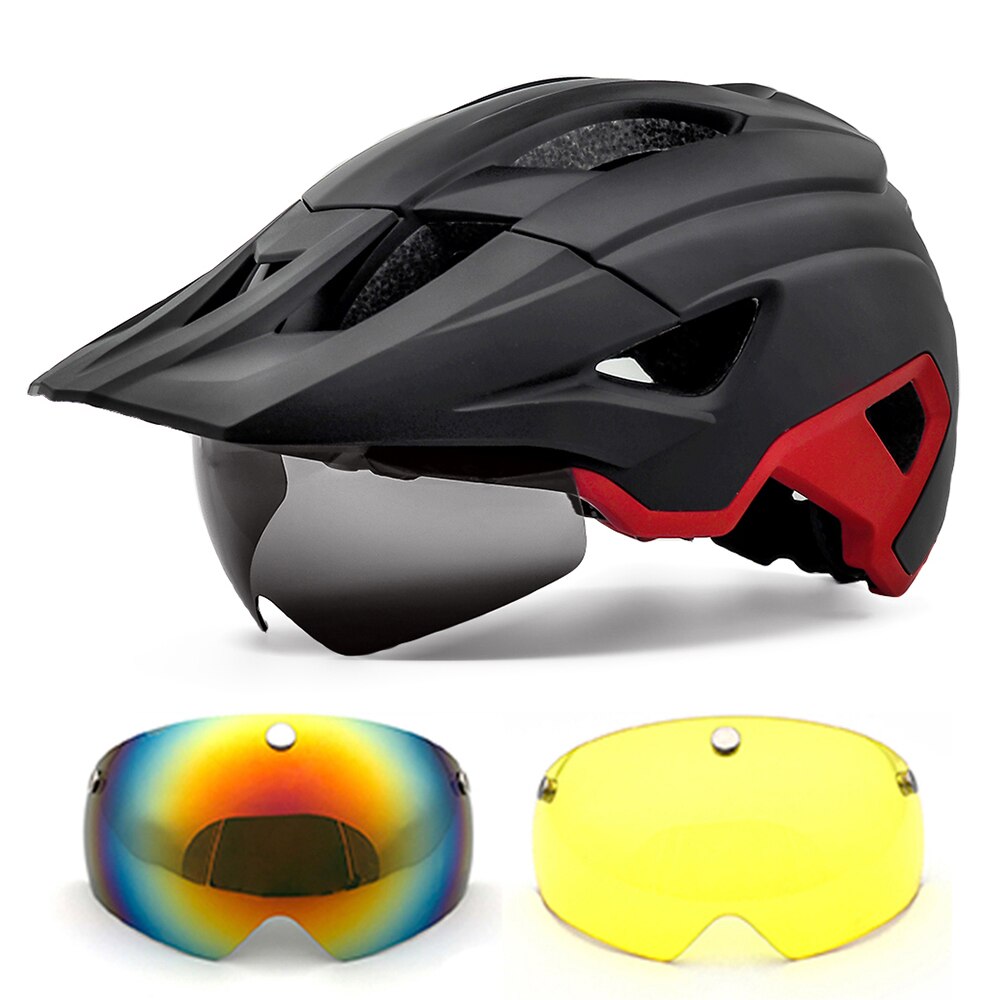 Mtb Helm Fietsen Mannen Vrouwen Rijden Met Achterlicht En Zonneklep Goggles Xc Weg Mountainbike Helmen Met Lens casco Ciclismo: Black red-2