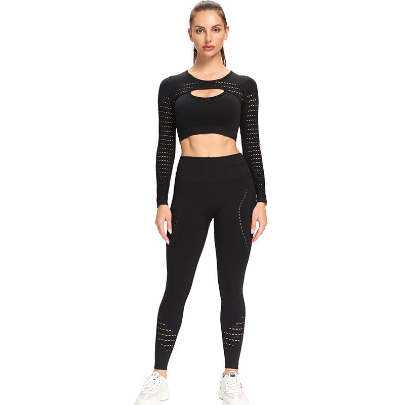 Vrouwen 2Pcs Naadloze Yoga Set Sport Pak Turnkleding Workout Kleding Met Lange Mouwen Gym Crop Top Hoge Taille Leggings Fitness sportkleding