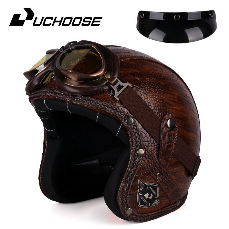 UCHOOSE retro Motorradhelm PU Leder offen Gesicht 3/4 Zerhacker Fahrradhelme klassisch Casco Moto Jahrgang: Armee Grün / XXL