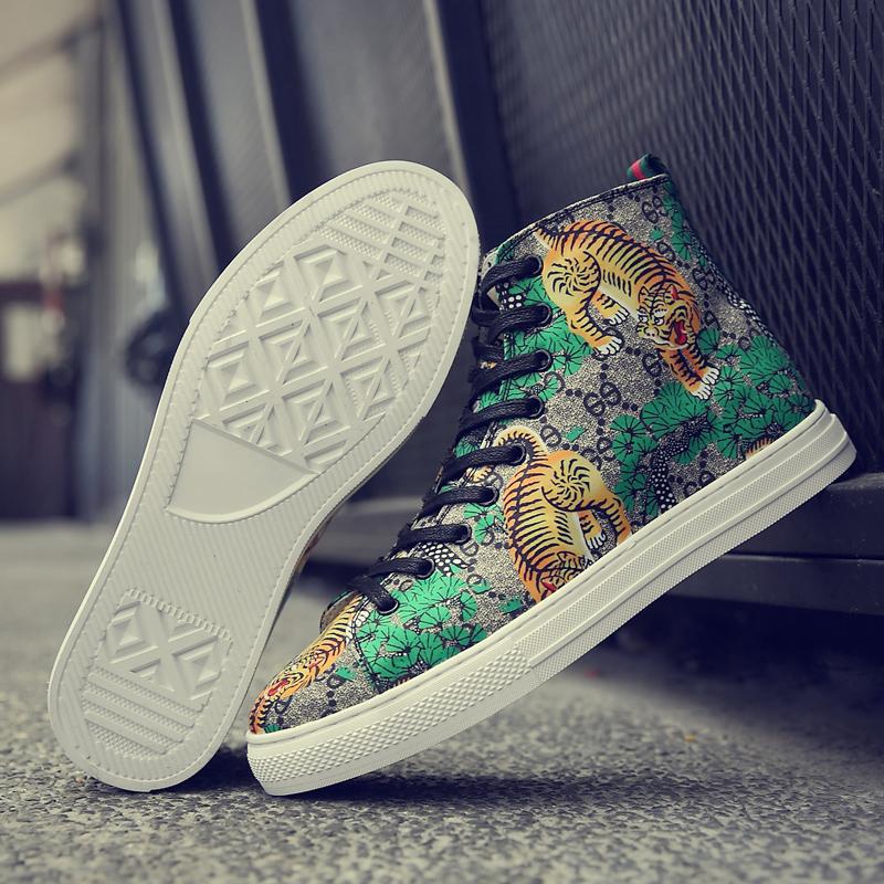 Trendy Green Tiger Print Hoge Top Schoenen Mannen Skateboard Schoenen Lederen Sneakers Mannen Zapatillas Hombre