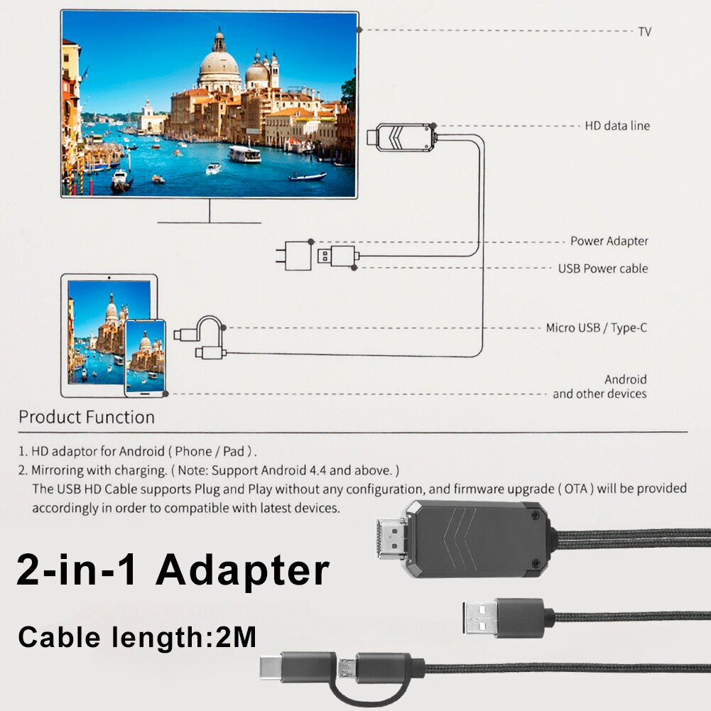 Usb-tyyppi c/micro usb-hdmi-kaapelisovitin android-puhelimeen televisioon projektori näyttö 1080p hdtv-peilaus latauslinja